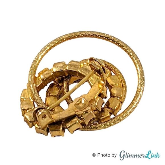 Vintage Double Circles Spiral Red Rhinestones Gold Tone Brooch - Picture 5 of 8